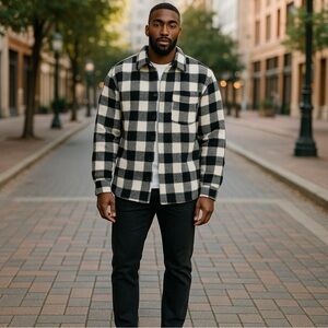 Zara Men’s Black and White Check Teddy Coat